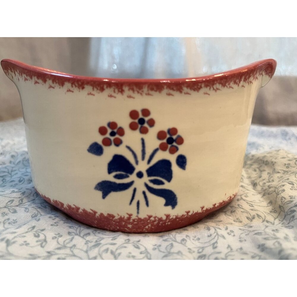 Vintage Sponge Ware Pottery signed B&B Hand Painted Flowers with Bow